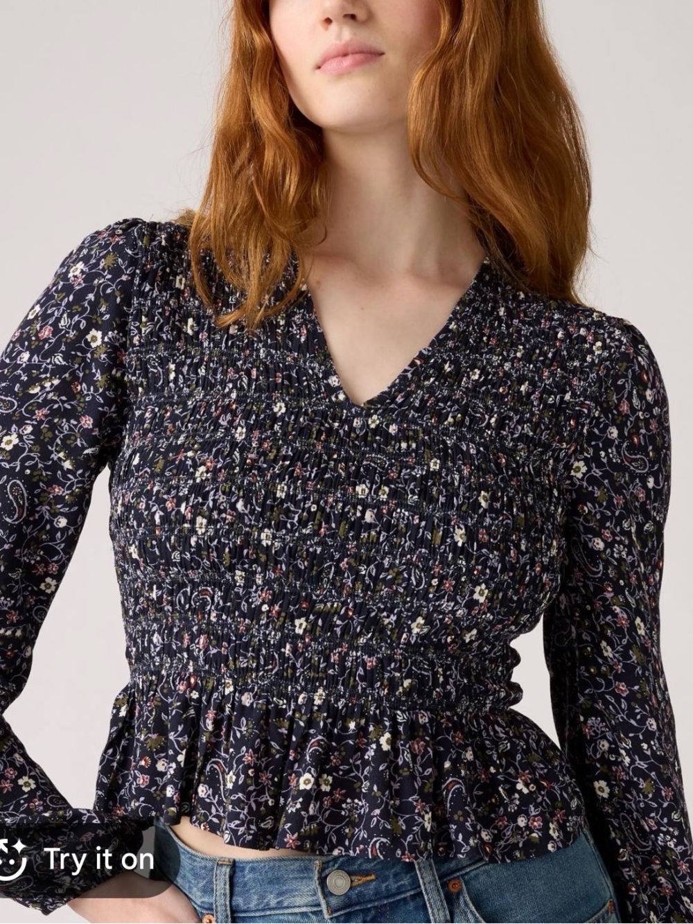 Levi's Navy Floral Smocked Long-Sleeve Blouse